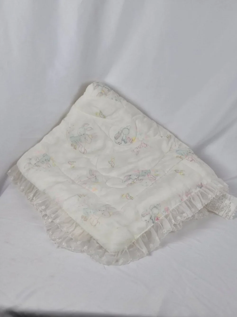 Vintage Sears Satin Quilted Baby Comforter Blanket Sheer Lace Trim Bunny Graphic